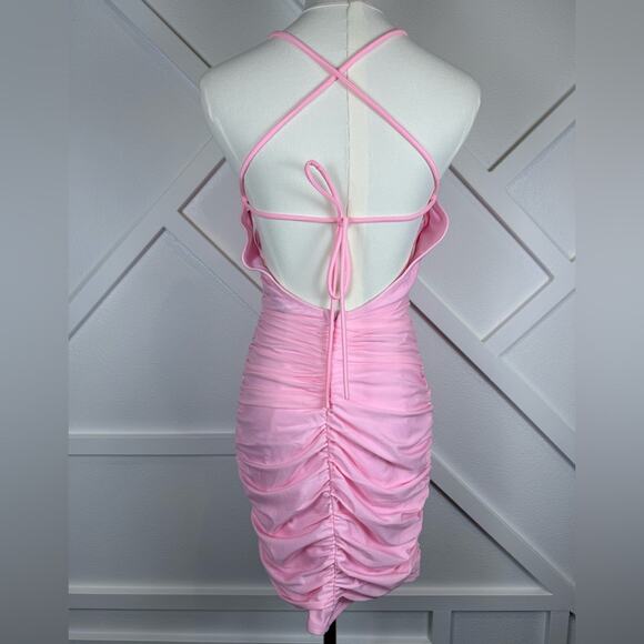 NWOT Lulus Confident Allure Light Pink Ruched Lace-Up Bodycon Mini Dress Small - Picture 7 of 12